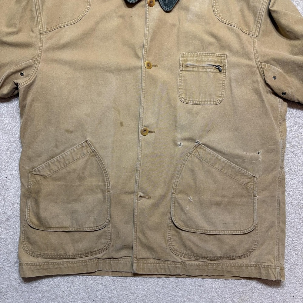 Vtg LL Bean Jacket XXL Beige Canvas Plaid Lined Field Barn Chore Coat Distressed - Picture 7 of 16
